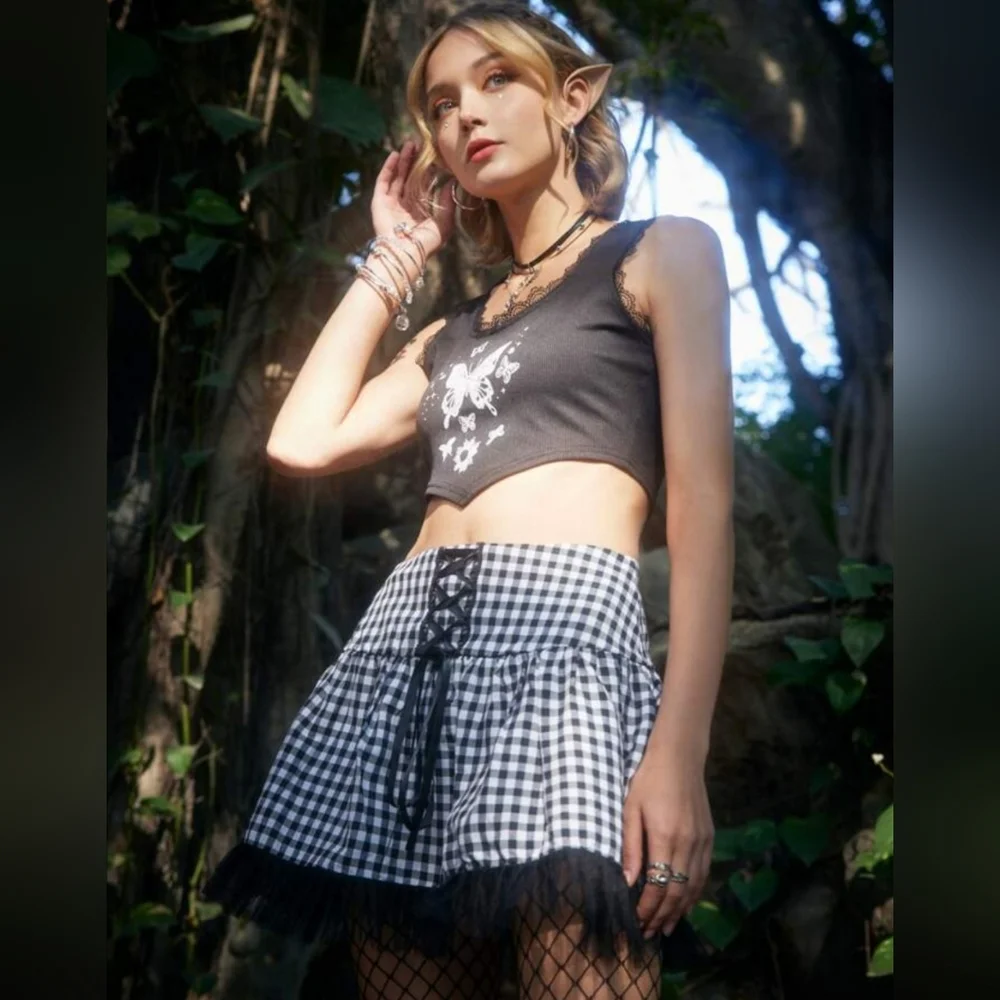 Plaid Mesh Lace Up Mini Skirt Fairycore Grunge Goth S/M - Picture 1 of 8